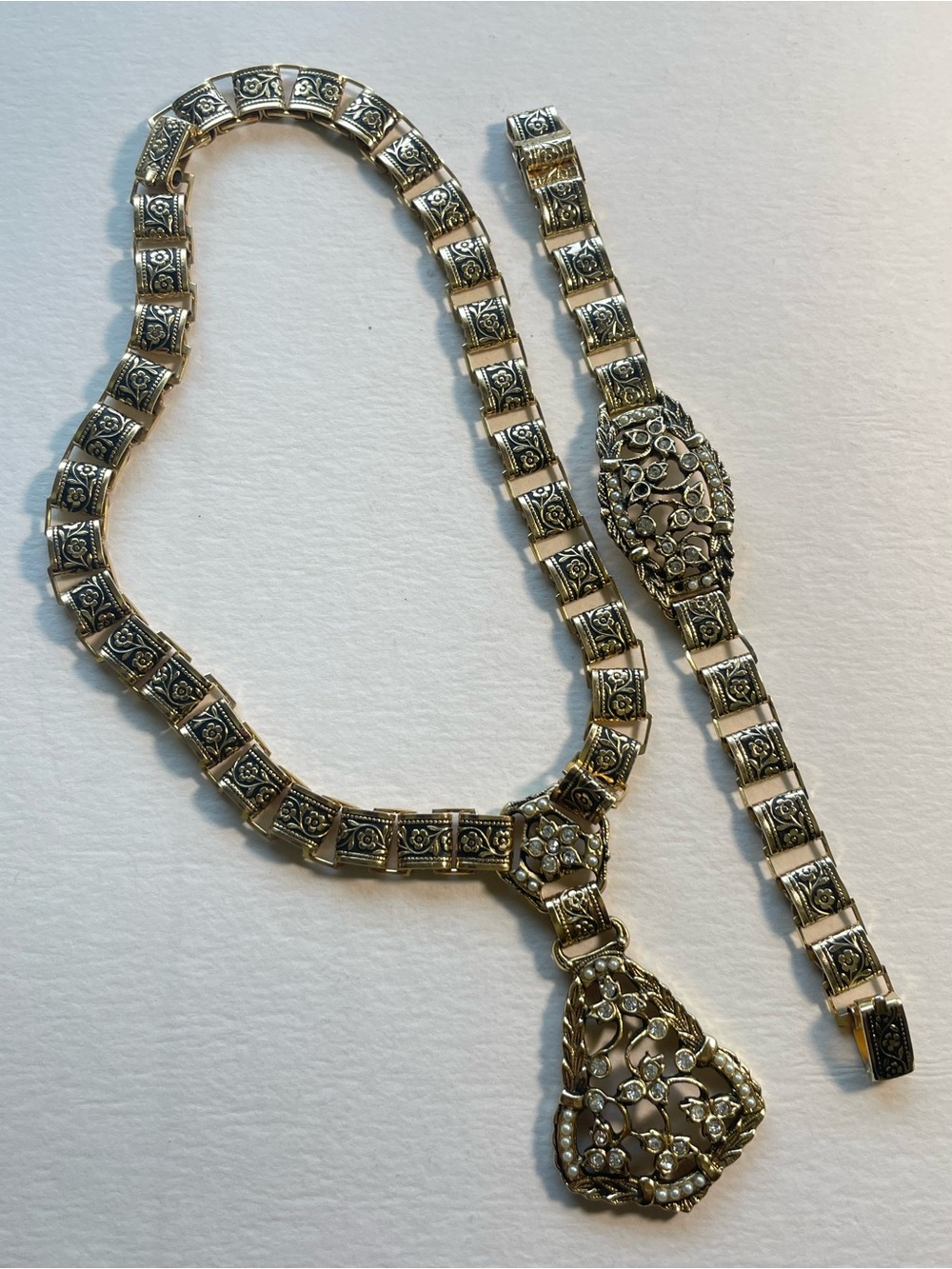 Art Nouveau Gold Tone Filigree Seed Pearls Faux Diamonds Necklace & Bracelet
